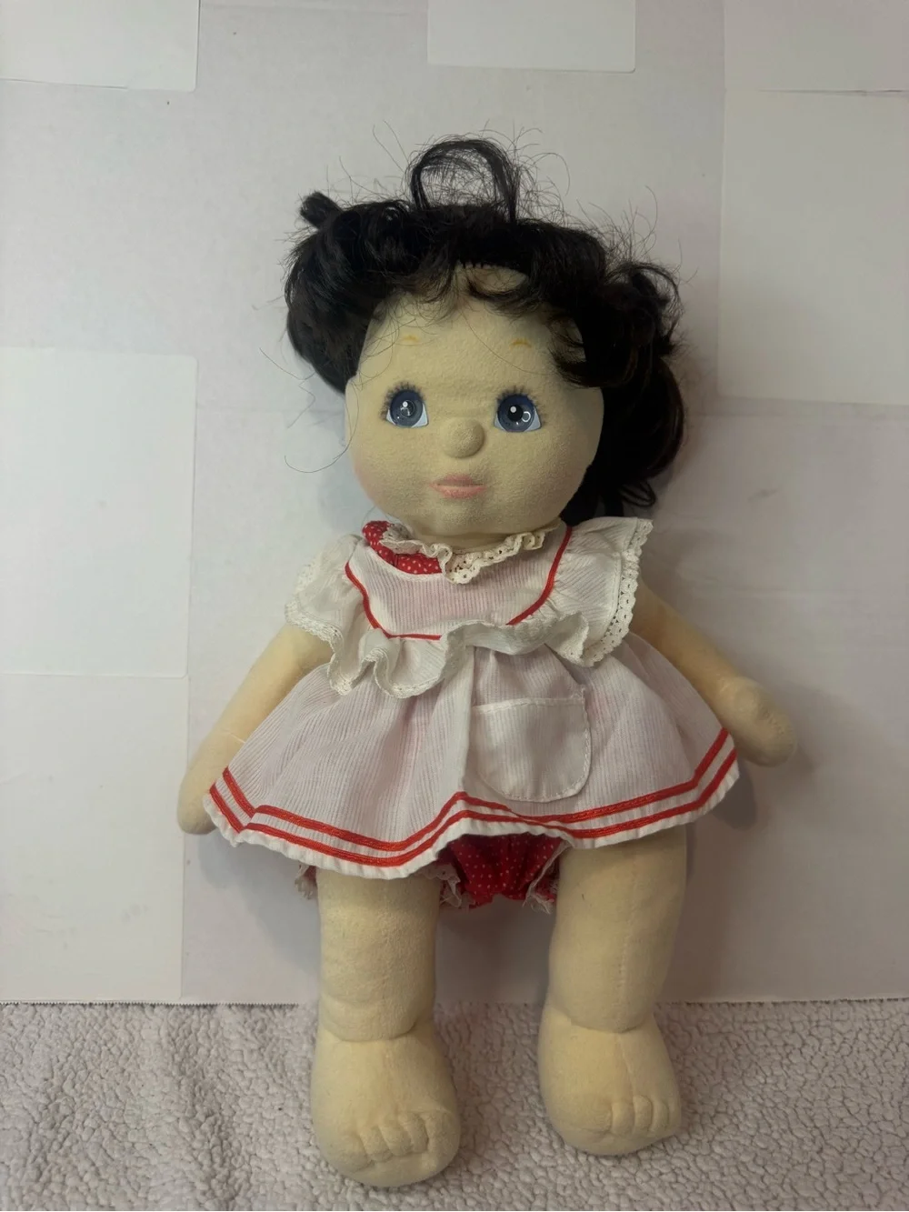 Vintage 1985 Mattel My Child Doll Blue Eyes Dark Hair Red White Doll Clothing